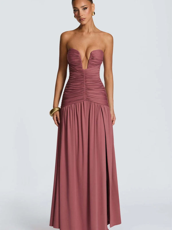 Celestia Strapless Pleated Split Maxi Dress
