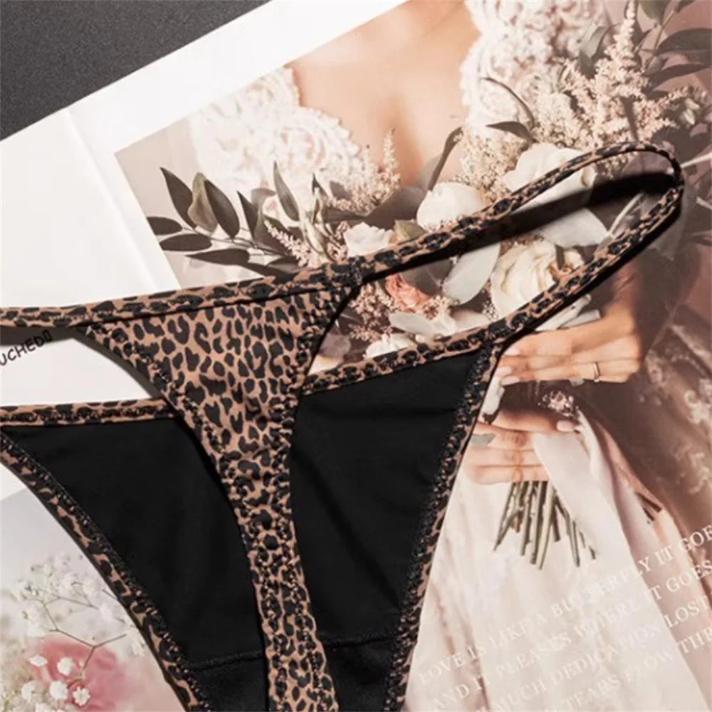High Slit Spring/Summer New Leopard Print Thong for Women Sexy Ice Silk Seamless Underwear One-piece Fitness Plus Size G-strings