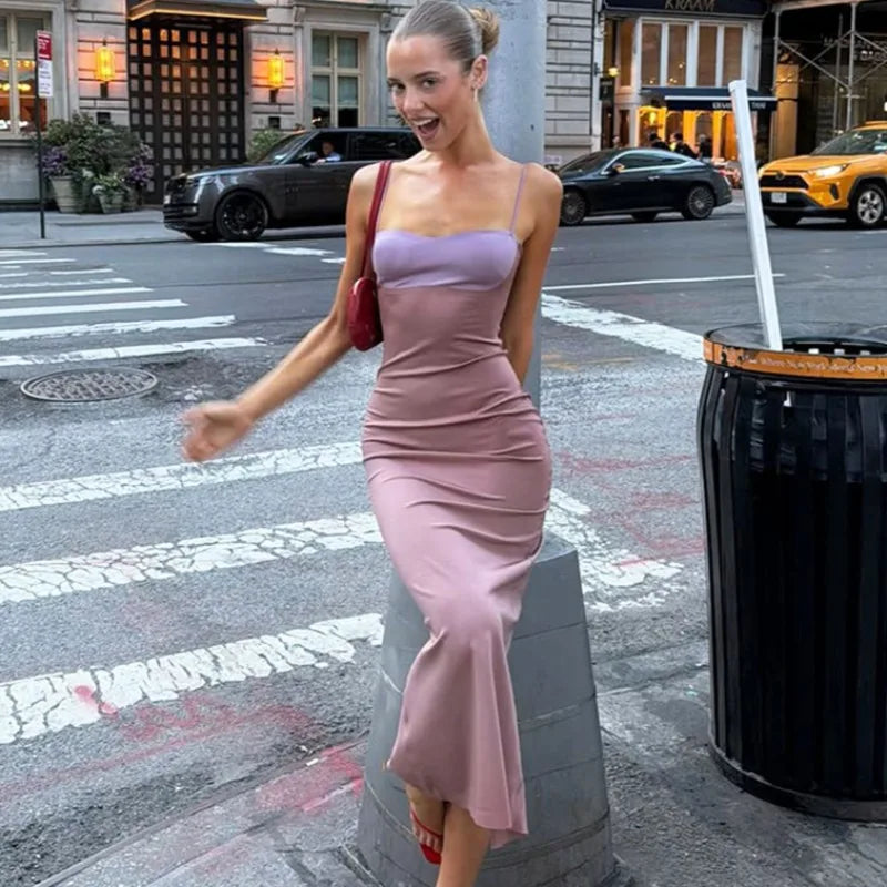 Ticketsx Sexy Vintage Patchwork Long Dress Summer Contrast Backless Sling Women's Dress Elegant New Streetwear Vacation Vestidos Main image