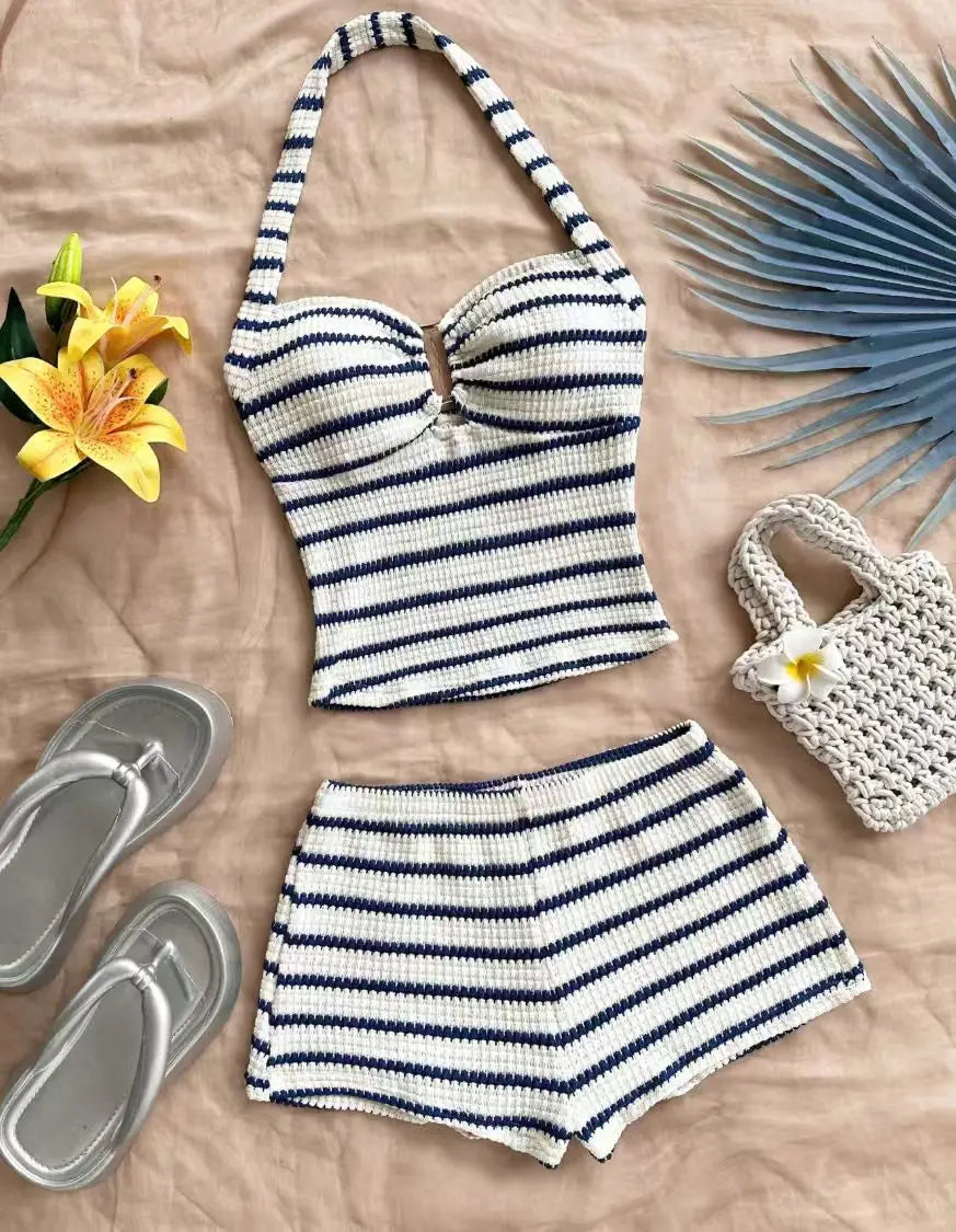 Marlowe Striped Halter Hollow-Out Knit Mini Dress