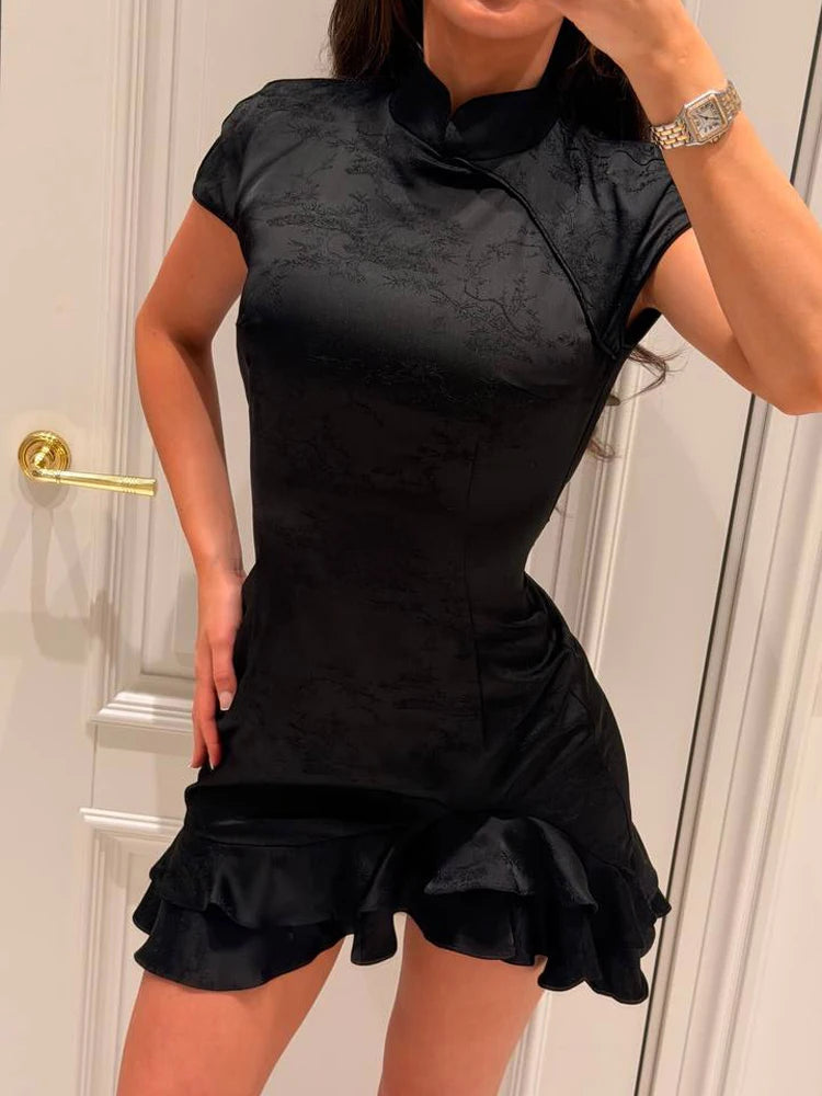 Fleur Printed Satin Puff-Sleeve Mini Dress