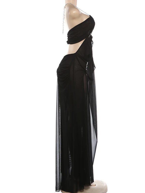 Marisabel Sheer Mesh Chain-Halter Ruched Backless Maxi Dress
