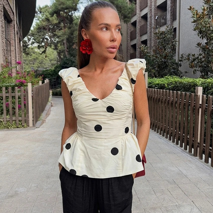 Linad Vintage Polka Dot Backless Tank Tops Summer Street Chic Slim Deep V Neck Vest Casual Ruffles Sleeveless Tops Woman 2026