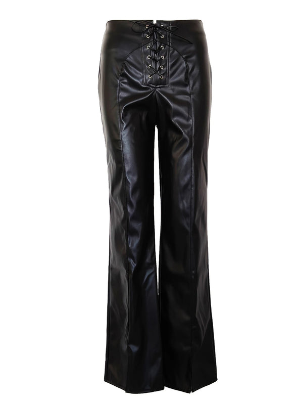 Jovanka Lace-Up Front Faux Leather Wide-Leg Pants One-piece