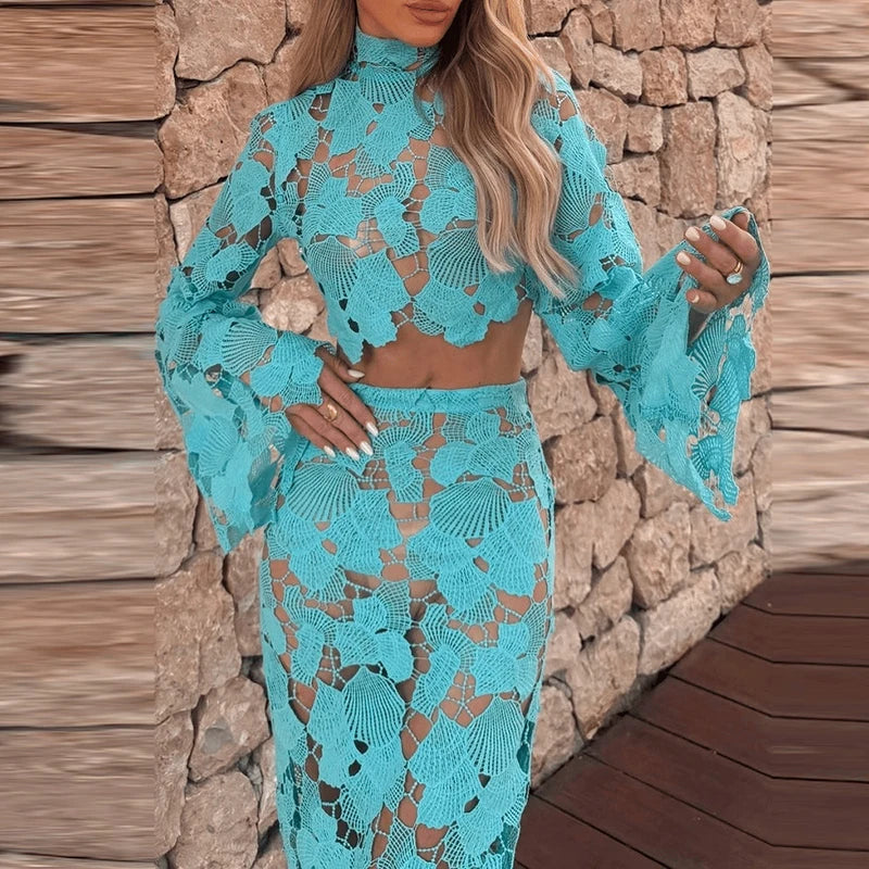 Yolande Lace Bell-Sleeve Crop Top & Mermaid Maxi Skirt Two-piece
