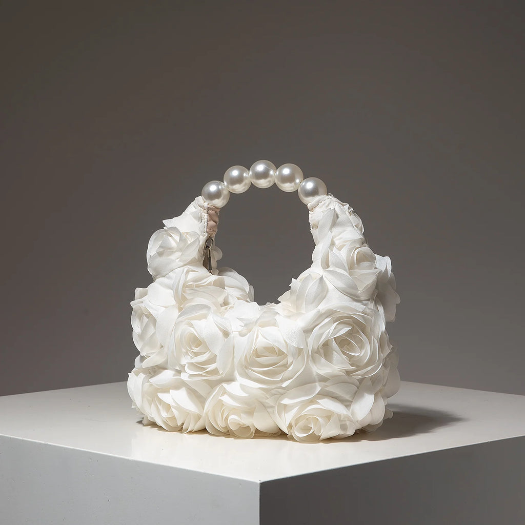 Rosalind Satin Rosette Pearl-Handle Half-Moon Evening Bag