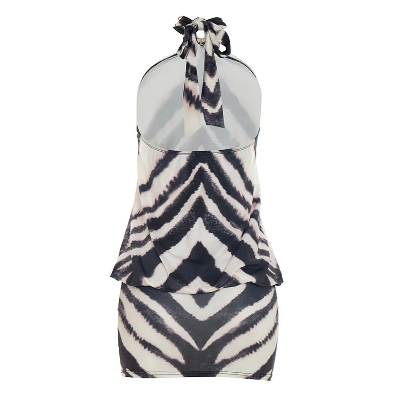 Zephyra Zebra Halter Backless Bodycon Mini Dress