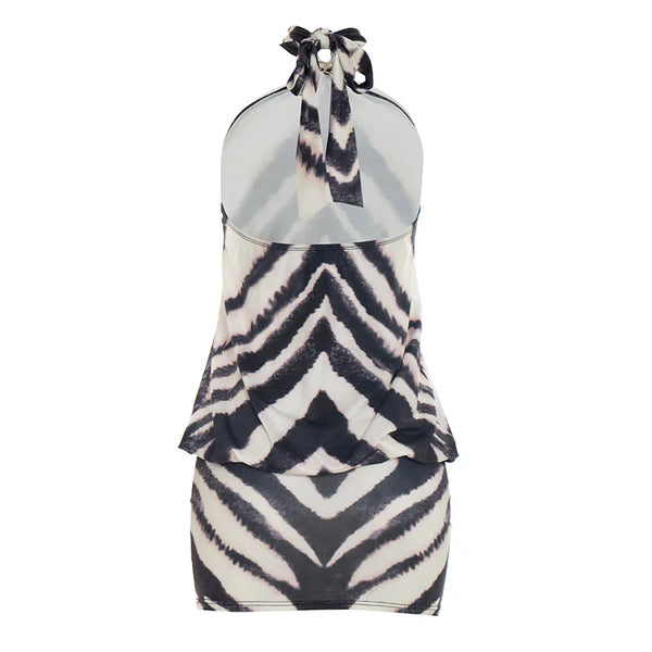 Zephyra Zebra Halter Backless Bodycon Mini Dress