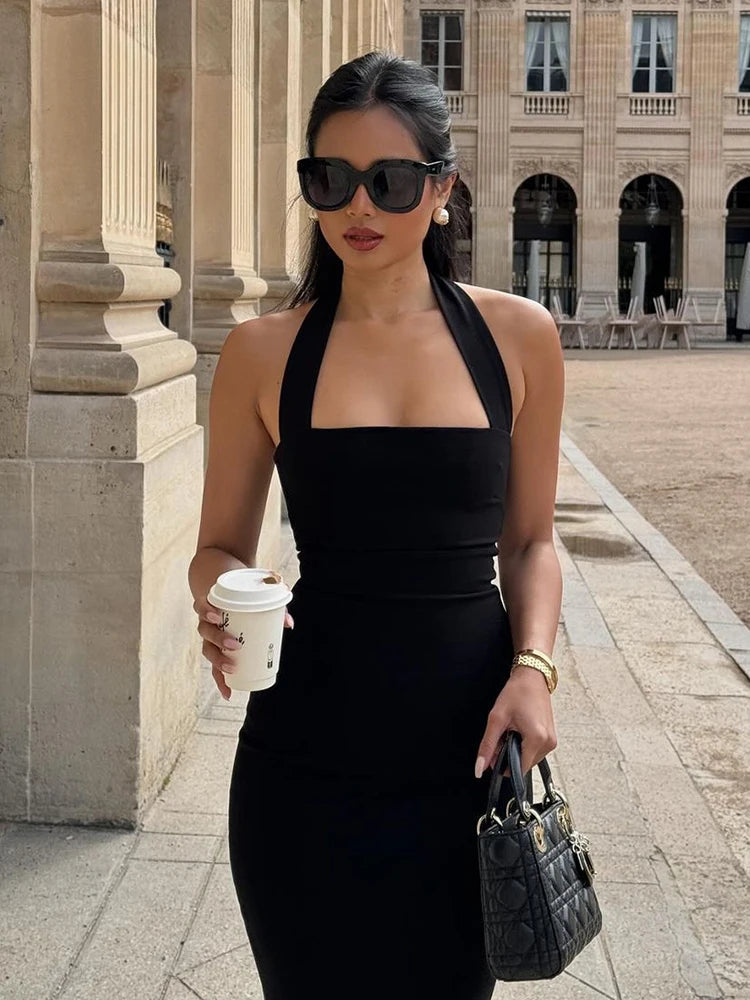 Obsidian Halter Backless Bodycon Midi Dress