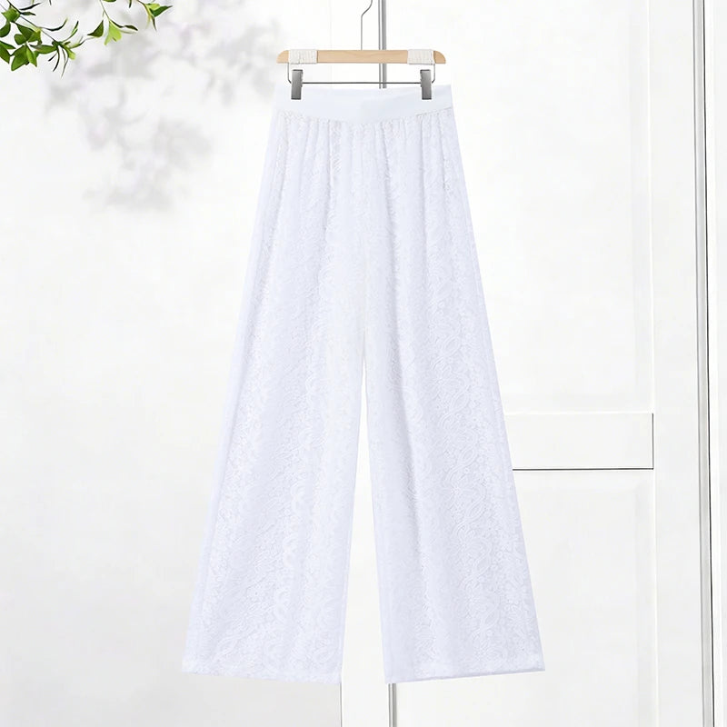 Fiora Sheer Floral-Lace Wide-Leg Pants Set Two-piece
