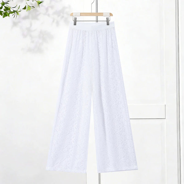Fiora Sheer Floral-Lace Wide-Leg Pants Set Two-piece