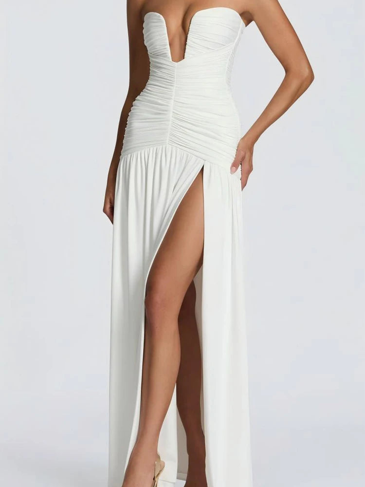 Celestia Strapless Pleated Split Maxi Dress
