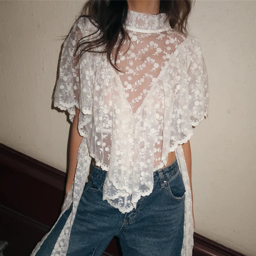 hirigin Y2K Fairy Mesh See Through Casual High Neck Looseshawls Women Floral Lace Embroidery Shawl Tops Asymmetrical Streetwear