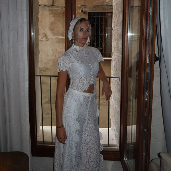 Fiora Sheer Floral-Lace Wide-Leg Pants Set Two-piece