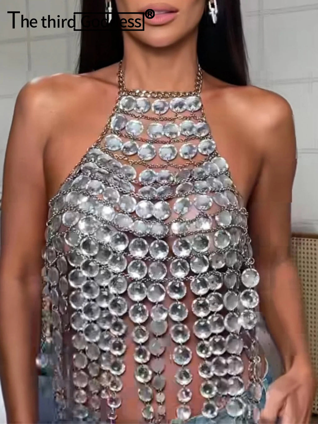 Astra Silver Rhinestone Chain Corset Crop Top