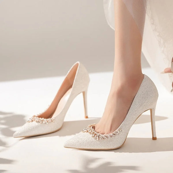 2025 New French Stiletto Heels Pointy Head Shallow Mouth Shoes Rhinodiamond-Edged Korean Version White Crystal Wedding Pumps