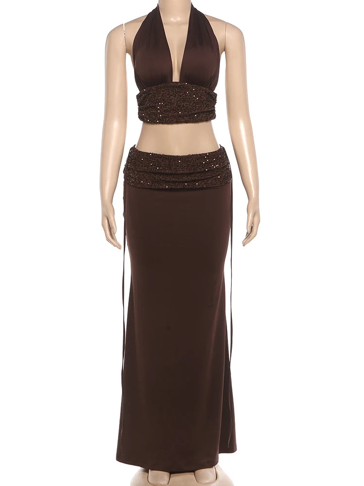 Kliou Shiny Sequin 2 Piece Set Women Bandage Halter Backless Tank Top+Ribbon Decoration Long Skirts Evening Party Elegant Suits