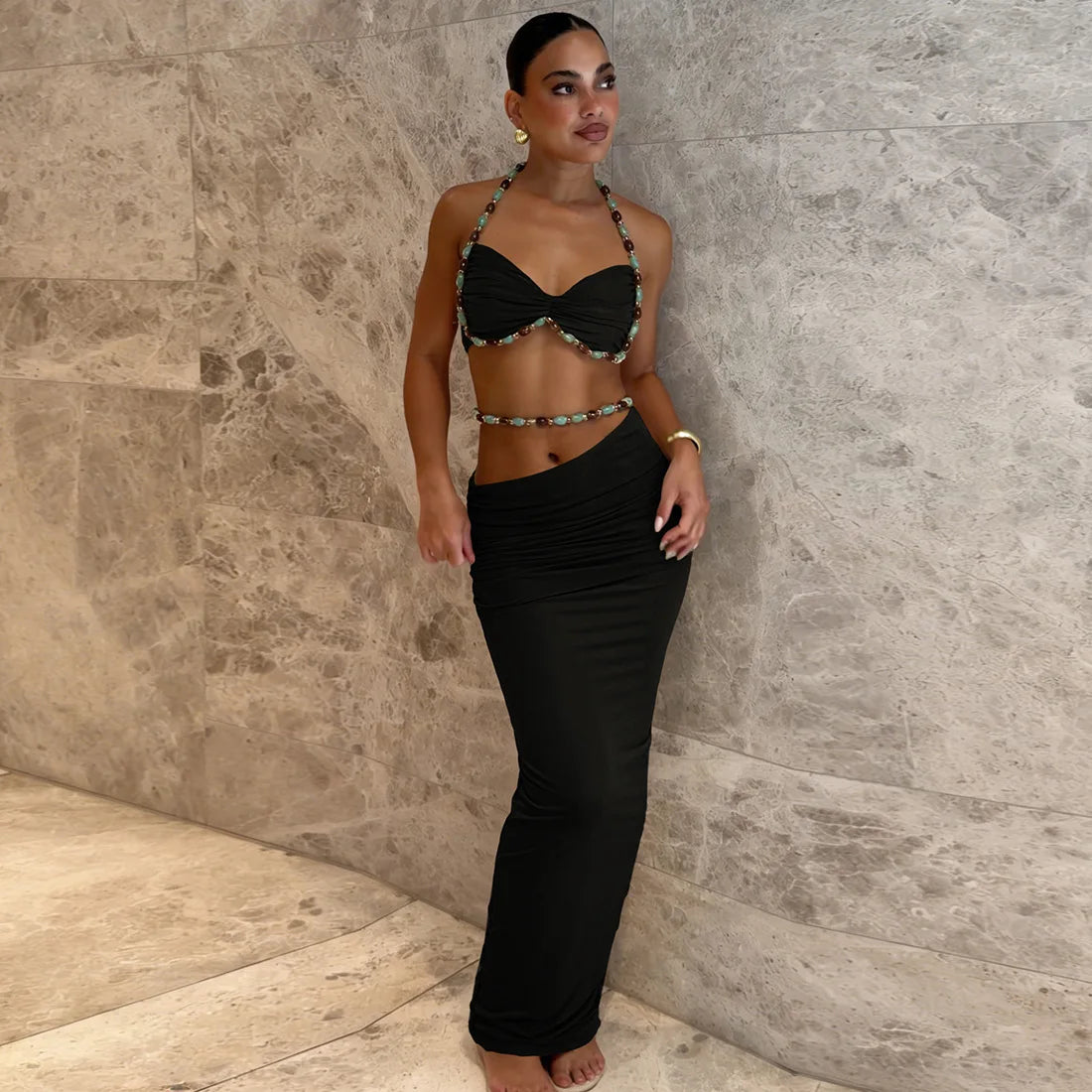 Jade Beaded Halter High-Low Maxi Skirt Set Two-piece