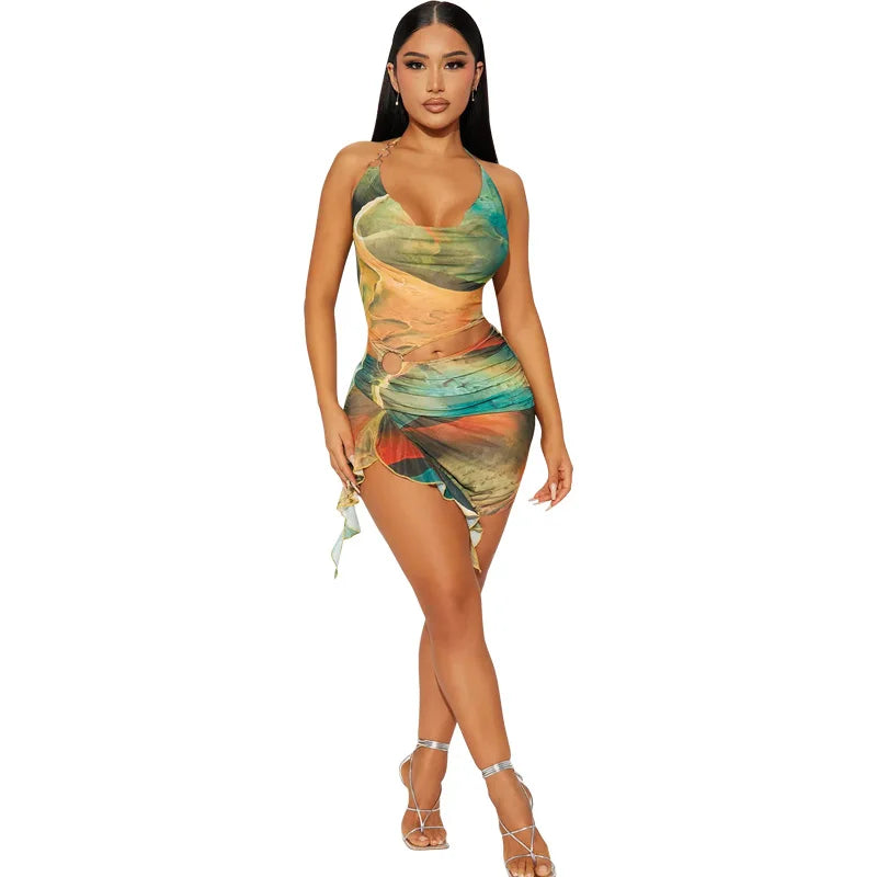 Eliana Scenery-Print Halter Ruffle Mini Dress