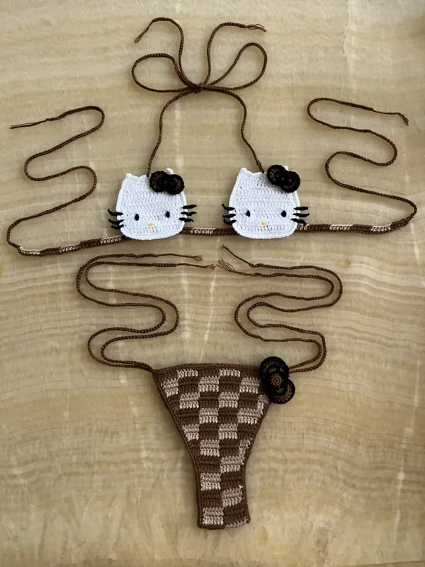 Sanrio Crochet Bikini Set Cute Girls Swimsuits Hello Kitty Sexy Bathing Suit Micro Ties Bikinis Beachwear Women Swimming Suit