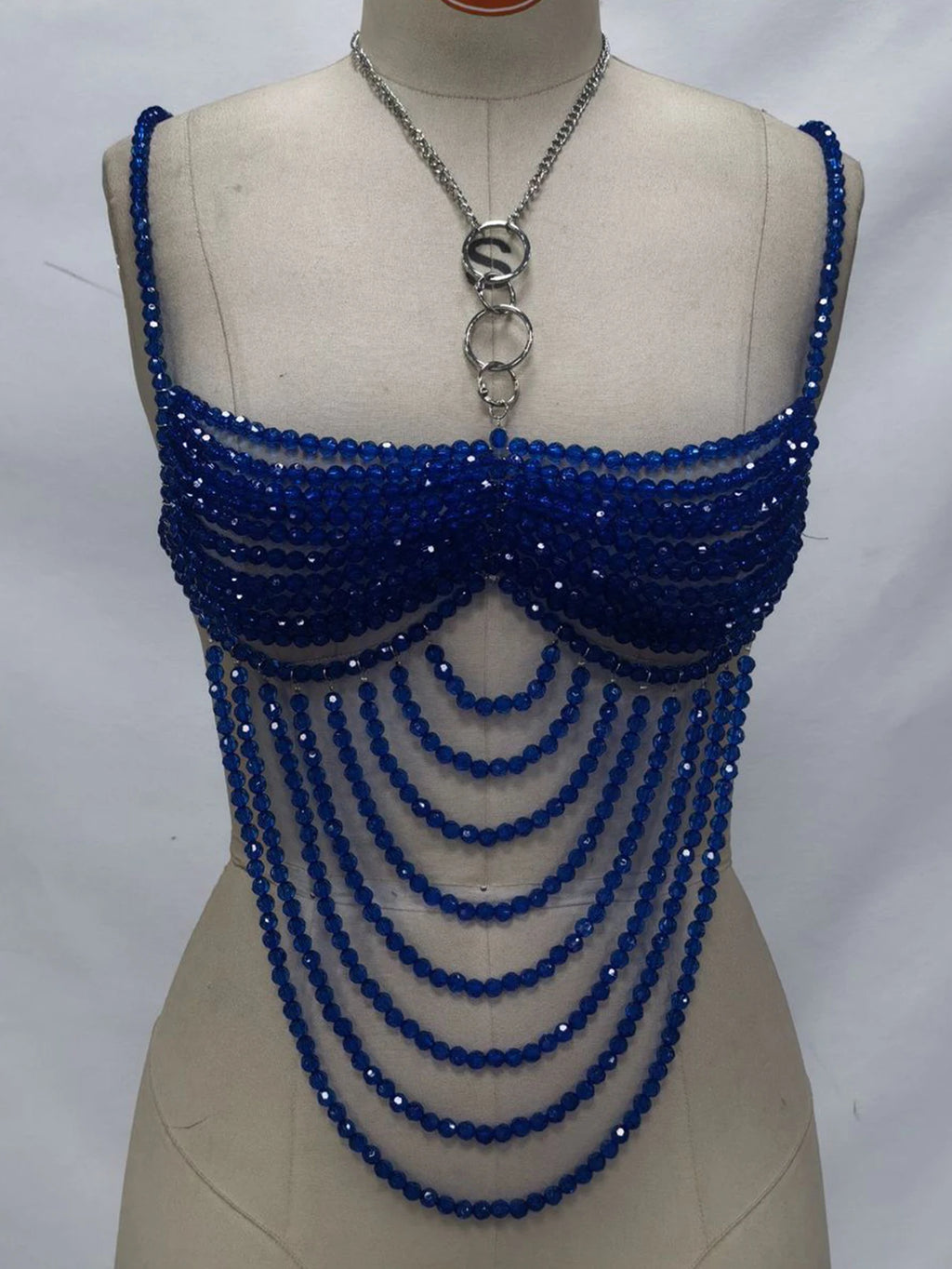 Vesper Blue Rhinestone Backless Halter Crop Top