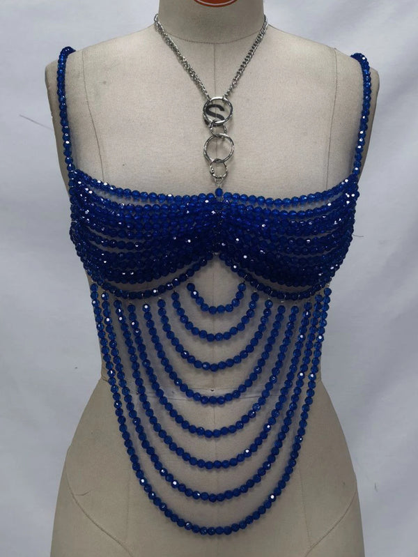 Vesper Blue Rhinestone Backless Halter Crop Top