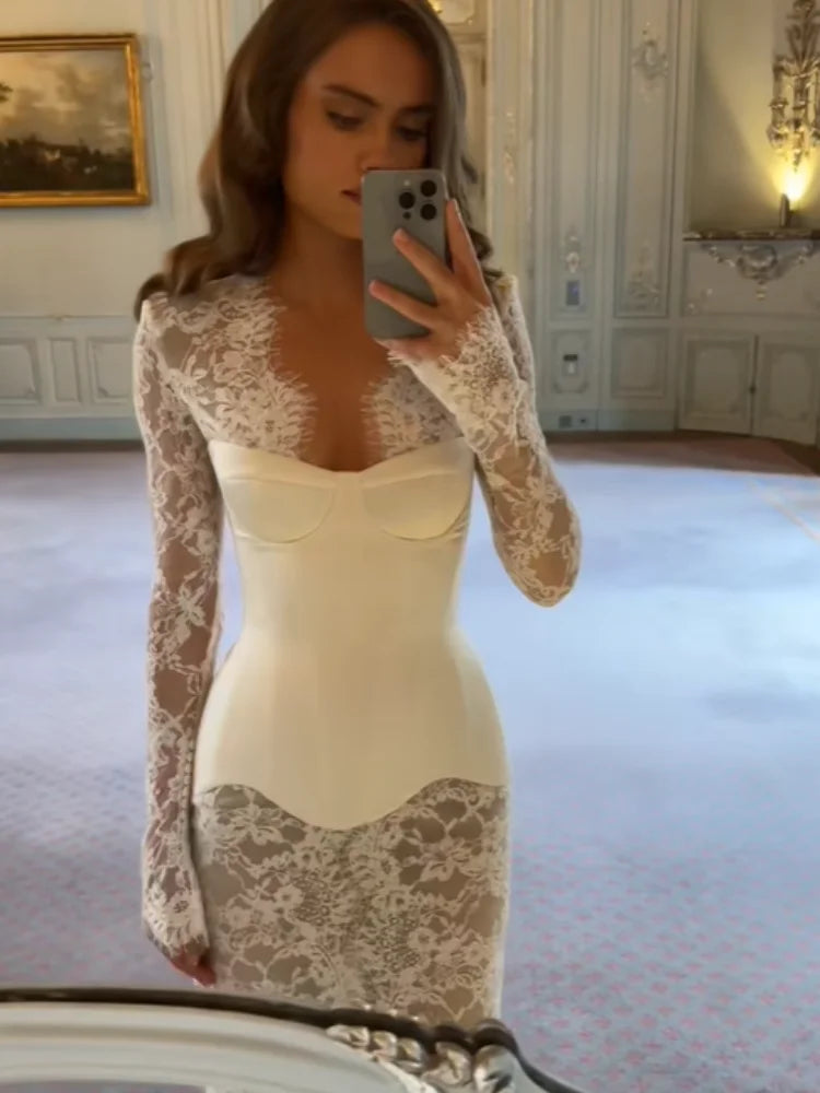 Whitney Lace Mesh Long-Sleeve Maxi Dress