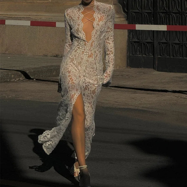 Vivienne Lace-Up Sheer Split Maxi Dress
