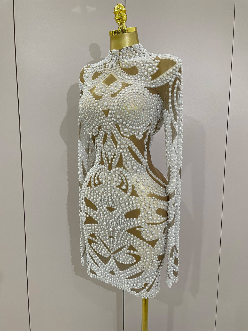 Alessia Pearl Rhinestone Mesh Long-Sleeve Mini Dress