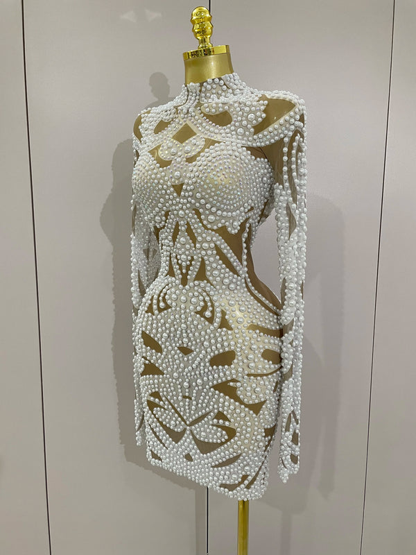 Alessia Pearl Rhinestone Mesh Long-Sleeve Mini Dress