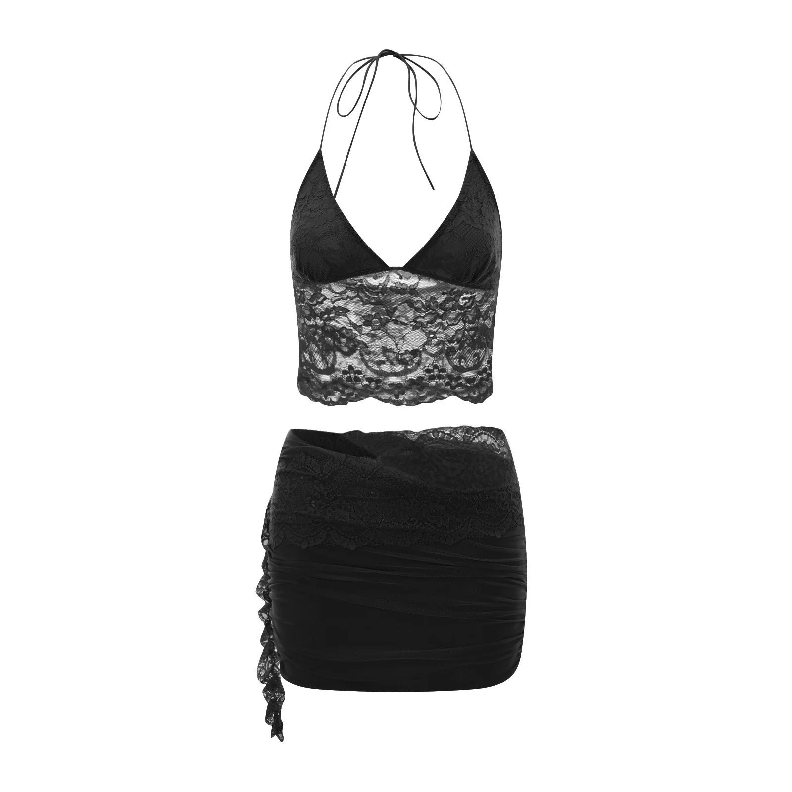 hirigin Sexy Lace Two Piece Set Women Outfit Halter Neck Backless Crop Top And Bodycon Mini Skirt Female Club Party Dress Sets