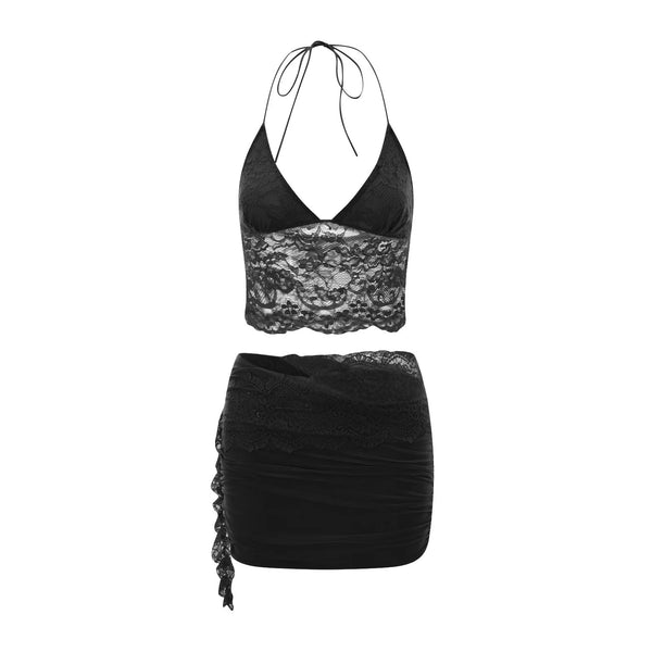 hirigin Sexy Lace Two Piece Set Women Outfit Halter Neck Backless Crop Top And Bodycon Mini Skirt Female Club Party Dress Sets
