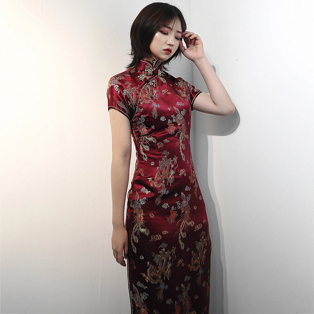 Feng Dragon-and-Phoenix Satin Qipao Maxi Dress