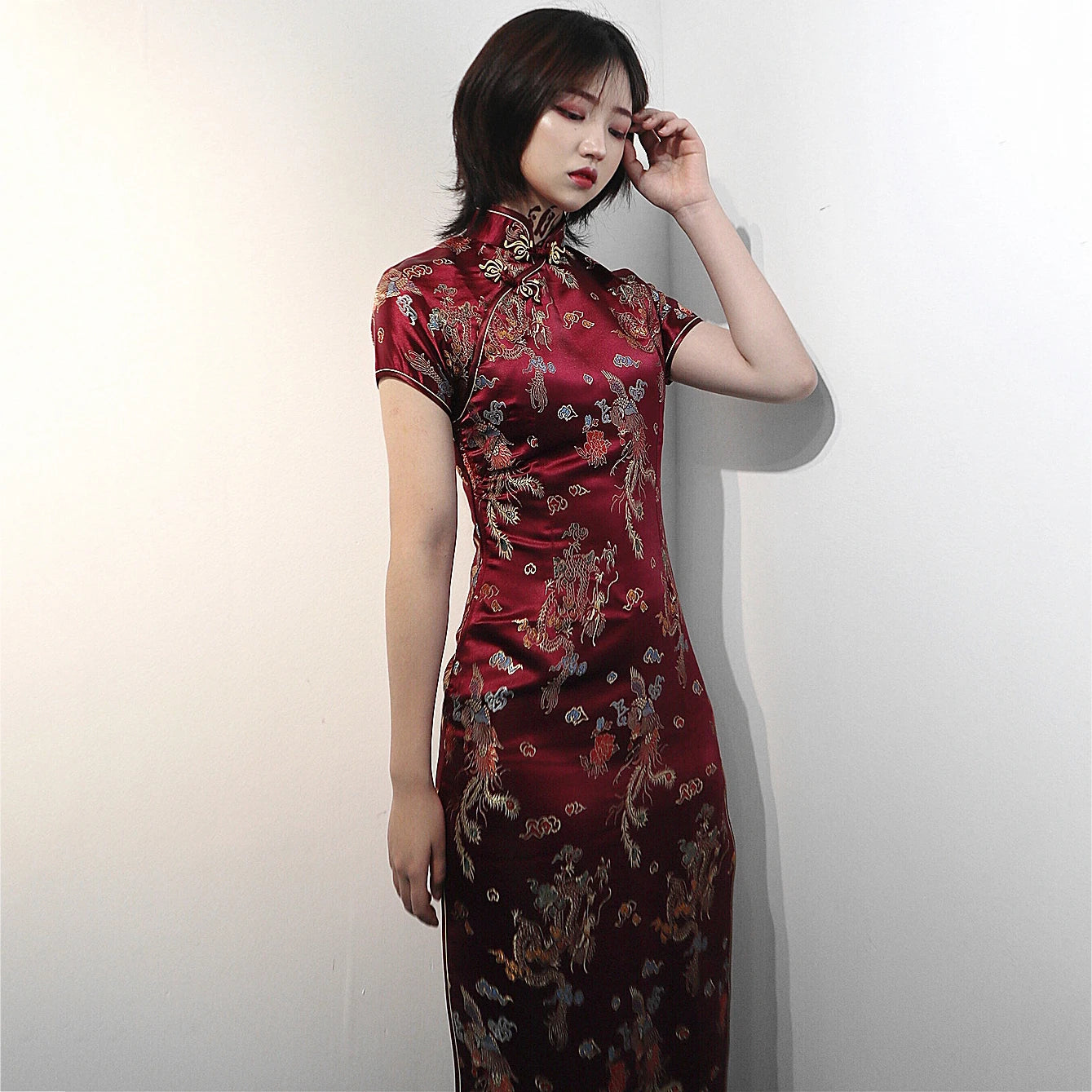 Feng Dragon-and-Phoenix Satin Qipao Maxi Dress