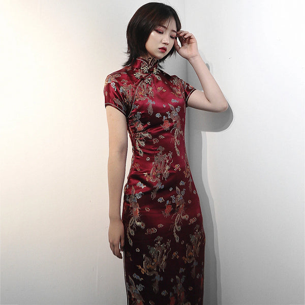 Feng Dragon-and-Phoenix Satin Qipao Maxi Dress