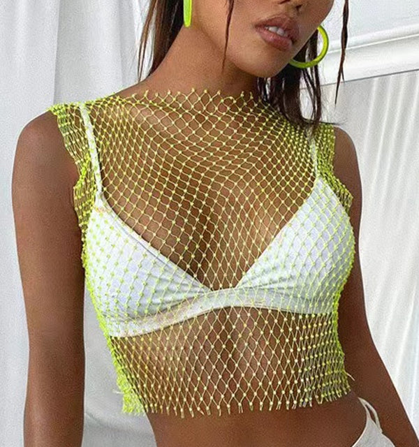 Leqoel Sexy Mesh Crop Tops for Women 2022 Summer Rhinestones Fashion Party See Through Fishnet Tank Hollow Out Backless Top New