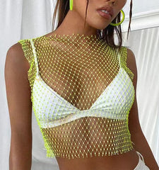 Leqoel Sexy Mesh Crop Tops for Women 2022 Summer Rhinestones Fashion Party See Through Fishnet Tank Hollow Out Backless Top New
