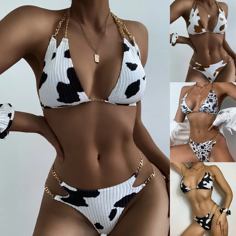 Dakota Cow-Print Chain Bikini Two-piece