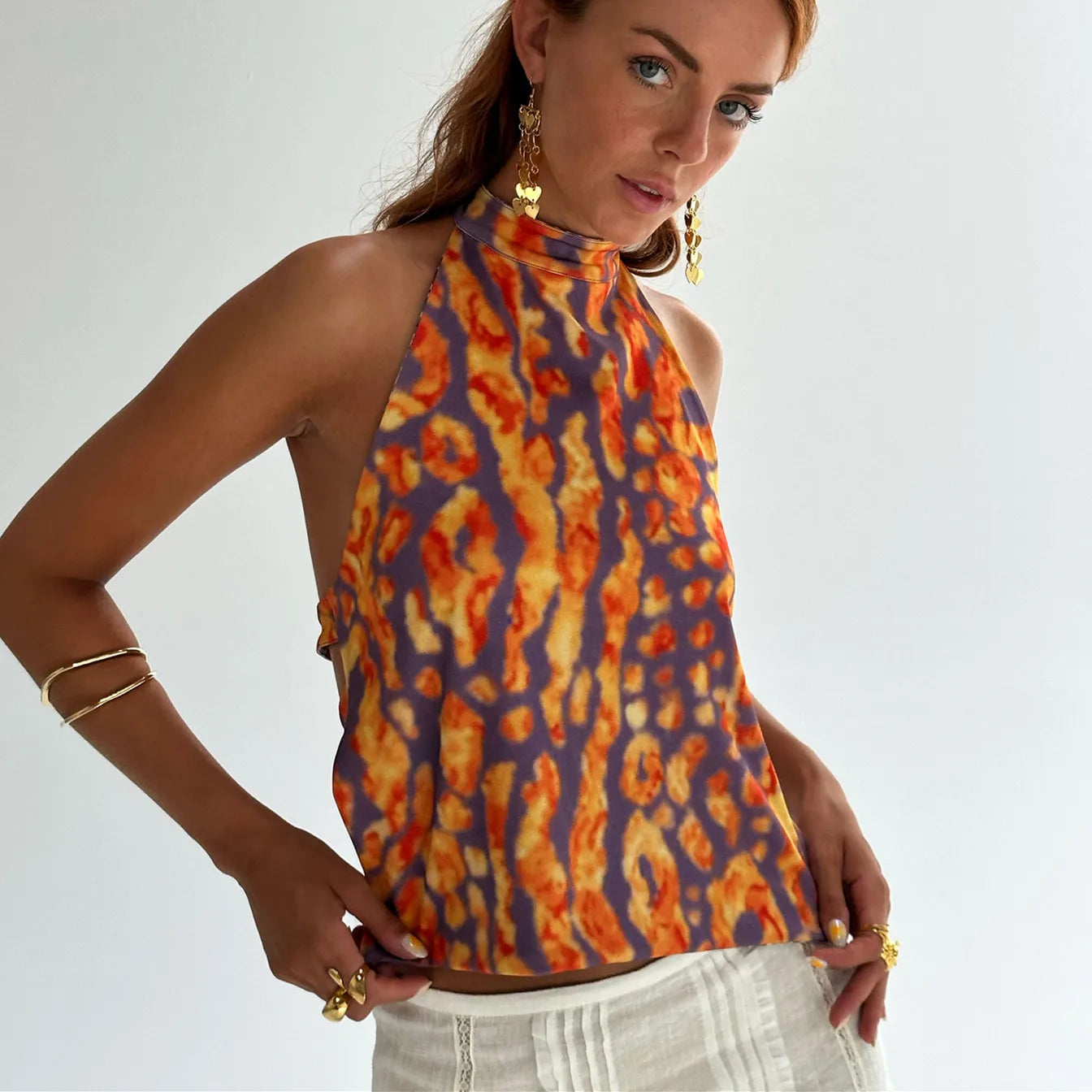 Mara Floral Print Halter Backless Boho Cami Top