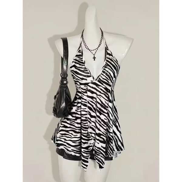 Summer New European American Style Retro Zebra Print Y2K Fashionable Sexy V-neck Hanging Neck Backless Vest Top For Women