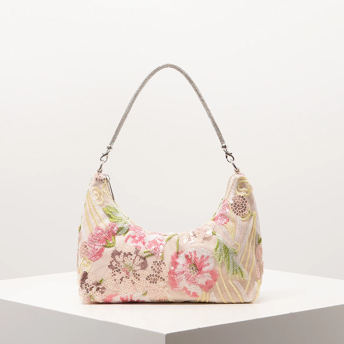 Florentina Floral Sequin Embroidered Half-Moon Shoulder Bag