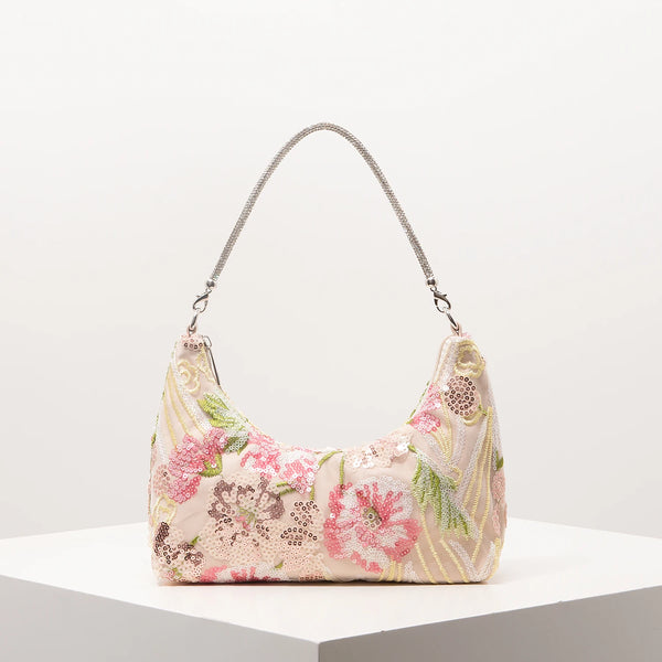 Florentina Floral Sequin Embroidered Half-Moon Shoulder Bag