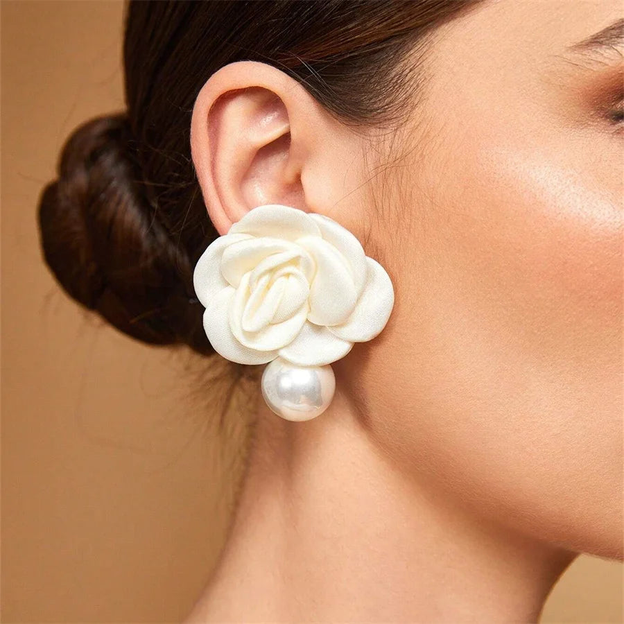Liliane Ivory Fabric Rose Faux Pearl Drop Earrings Main image