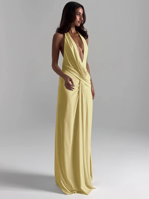 Annalisa Plunge Halter Ruched Backless High-Slit Maxi Dress