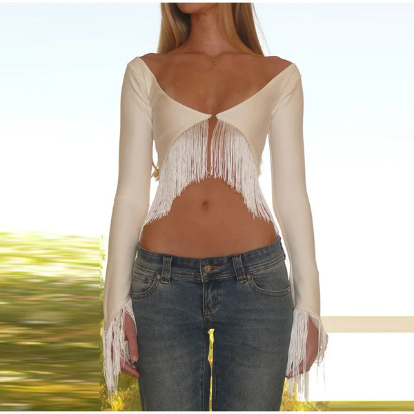 Esperanza Satin Fringe Cross-Wrap Halter Backless Crop Top One-piece