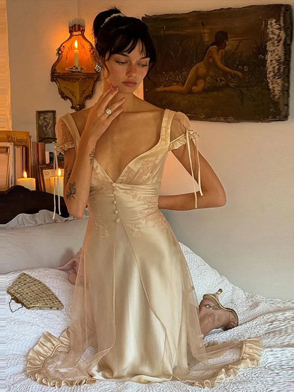 Demi Mesh Satin Tie-Strap Midi Dress