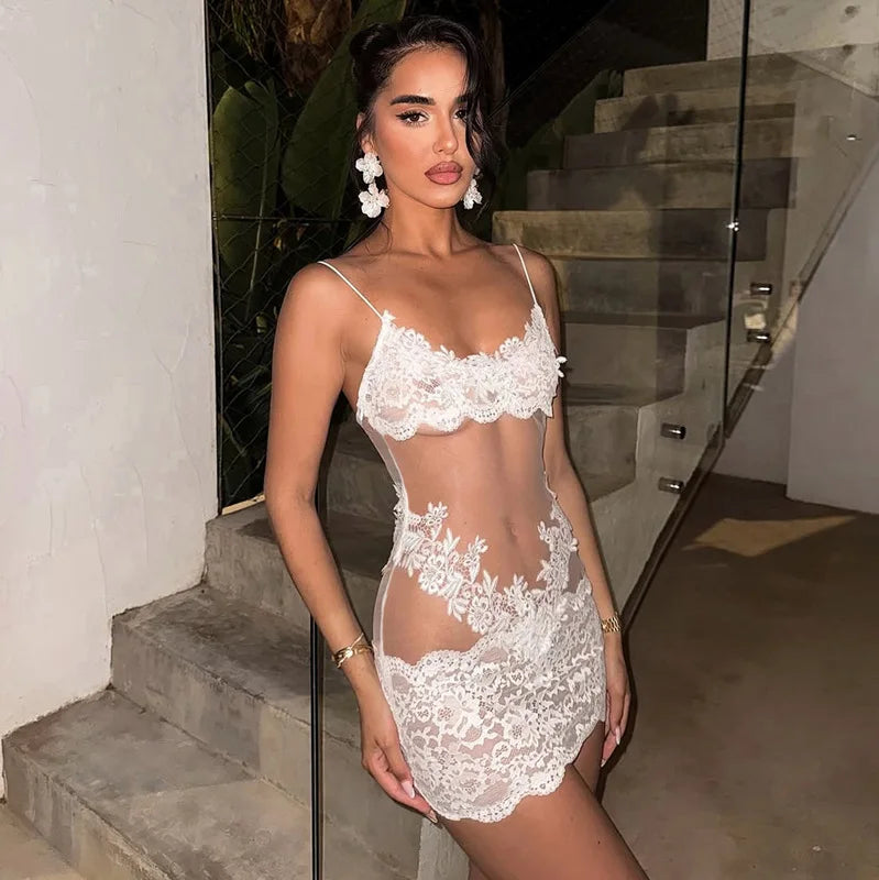 Verbena Sheer Lace Appliqué Mesh Cami Bodycon Mini Dress