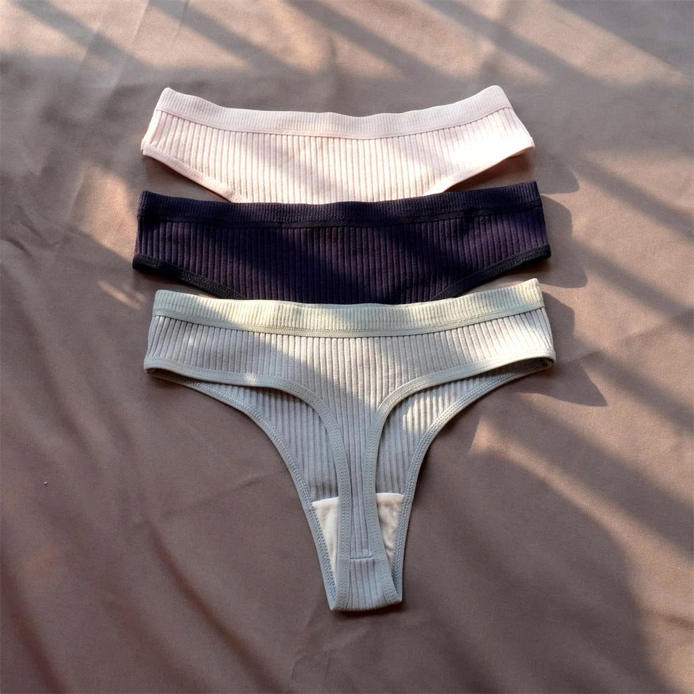 Mirelle Ribbed Cotton Thong Pack Lingerie 3-piece
