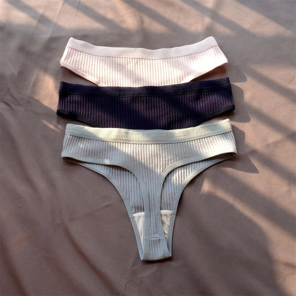 Mirelle Ribbed Cotton Thong Pack Lingerie 3-piece