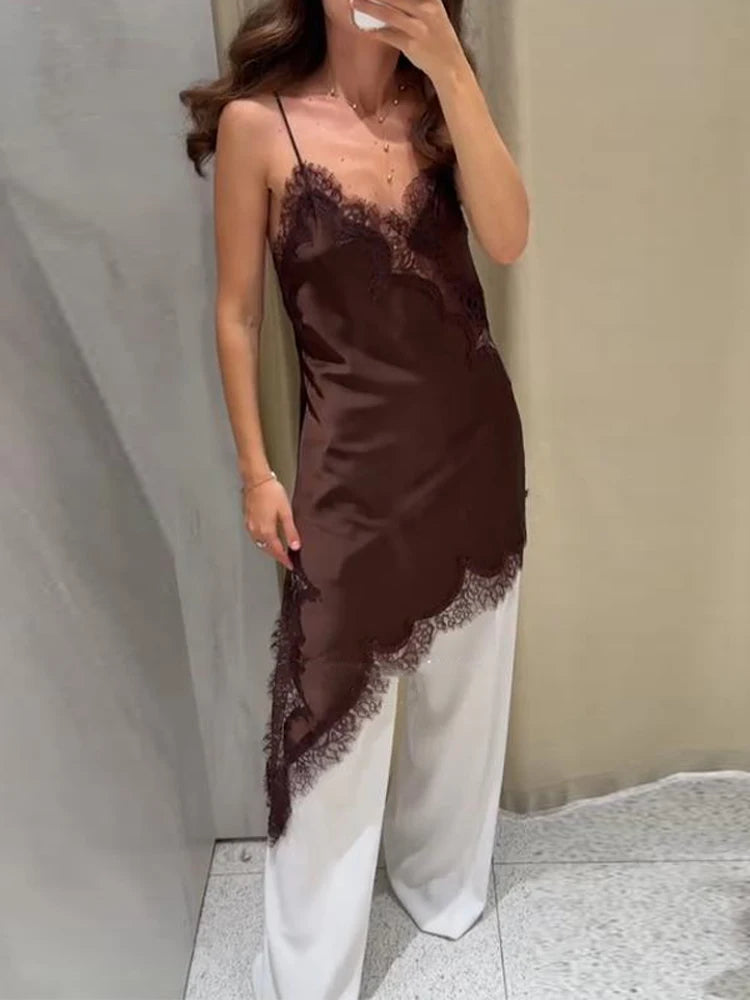 Noelle Lace V-Neck Asymmetric Midi Dress